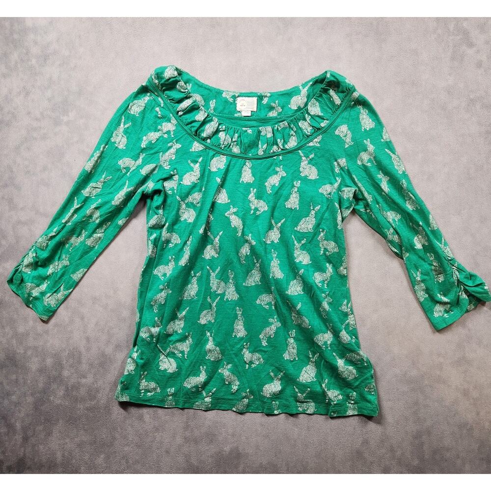 Anthropologie Postmark 9-H15 STCL Top Size Medium Bunny Print Green Ruched